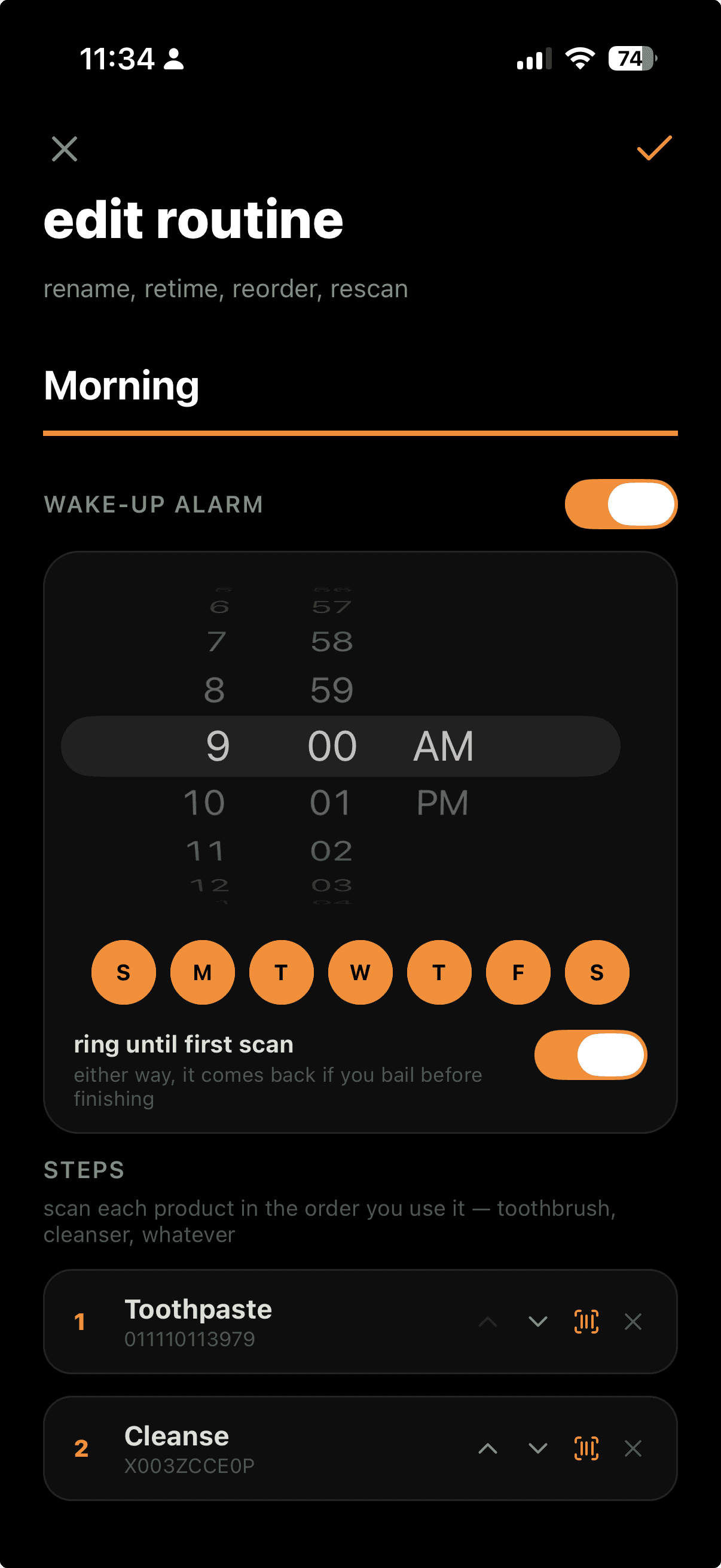 routine editor with wake-up alarm and scanned steps